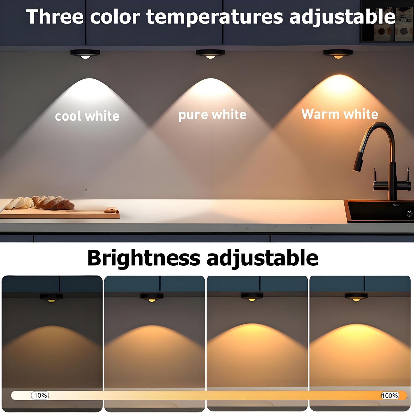 3 Lights LED Rechargeable Slim Cabinet Light, 2cm, Remote Control, Magnetic Mount