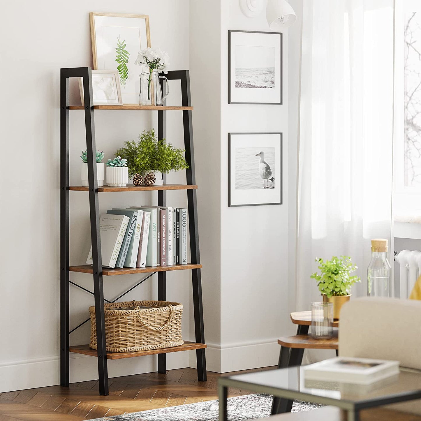 rustic-brown-and-black-steel-metal-frame-4-tier-bookshelf at www.mallsonline.com.au