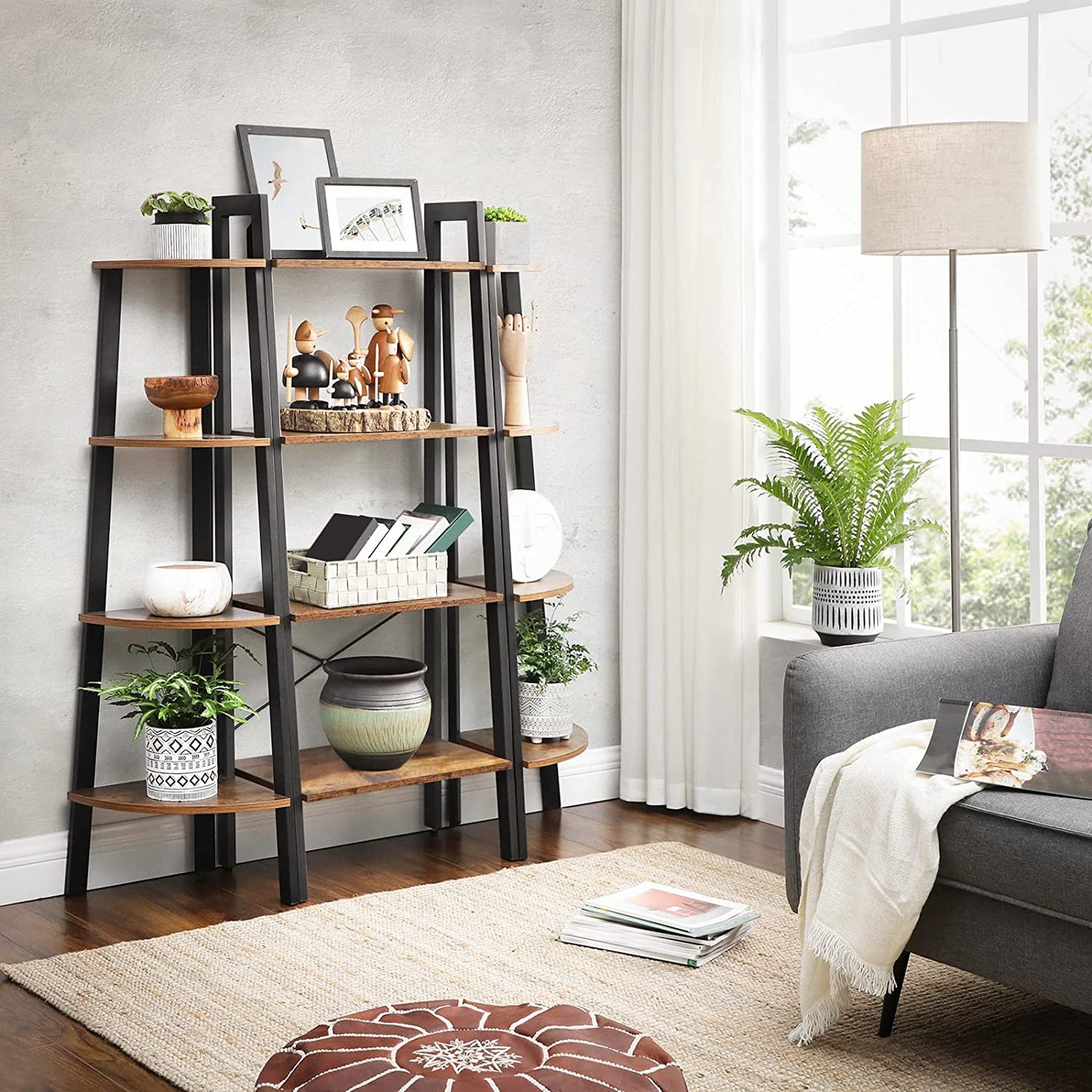 rustic-brown-and-black-steel-metal-frame-4-tier-bookshelf at www.mallsonline.com.au