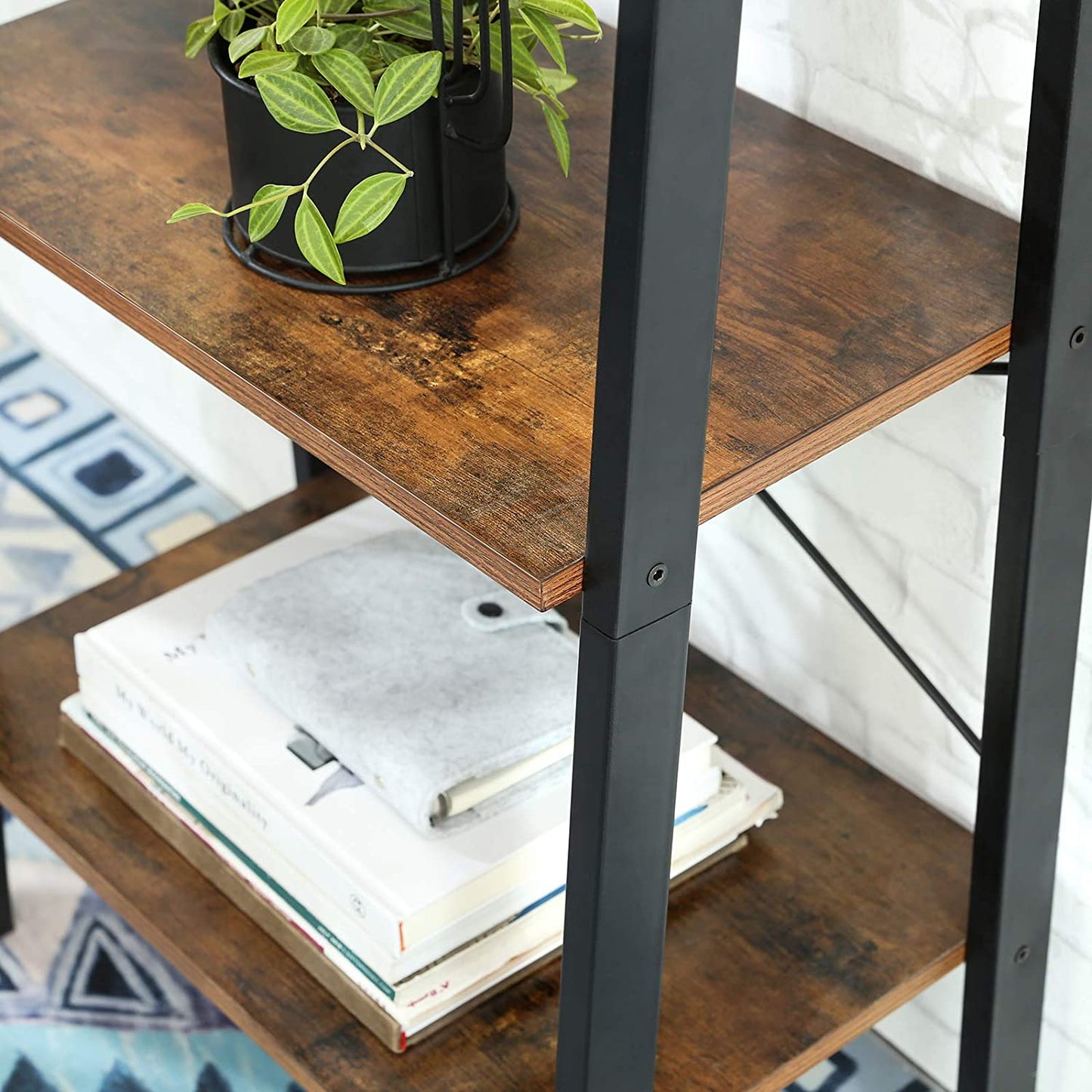 rustic-brown-and-black-steel-metal-frame-4-tier-bookshelf at www.mallsonline.com.au