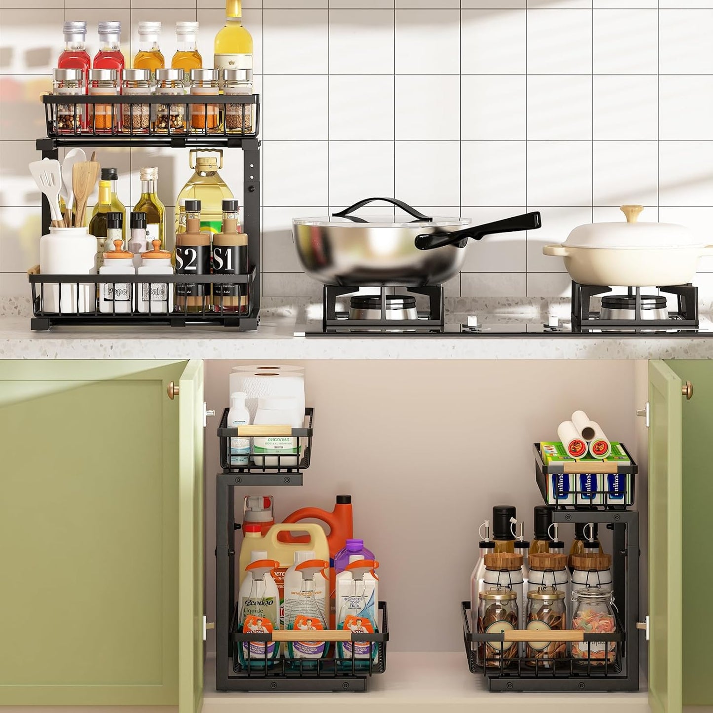 2-tier-kitchen-under-sink-organiser-storage-with-height-adjustable-unique-slide-rail-suction-cups-for-storage www.mallsonline.com.au