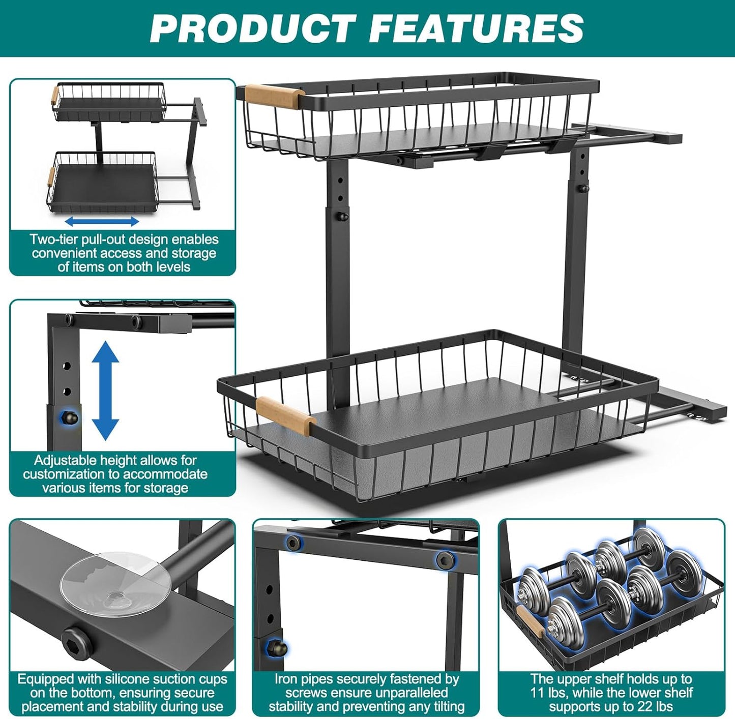 2-tier-kitchen-under-sink-organiser-storage-with-height-adjustable-unique-slide-rail-suction-cups-for-storage www.mallsonline.com.au
