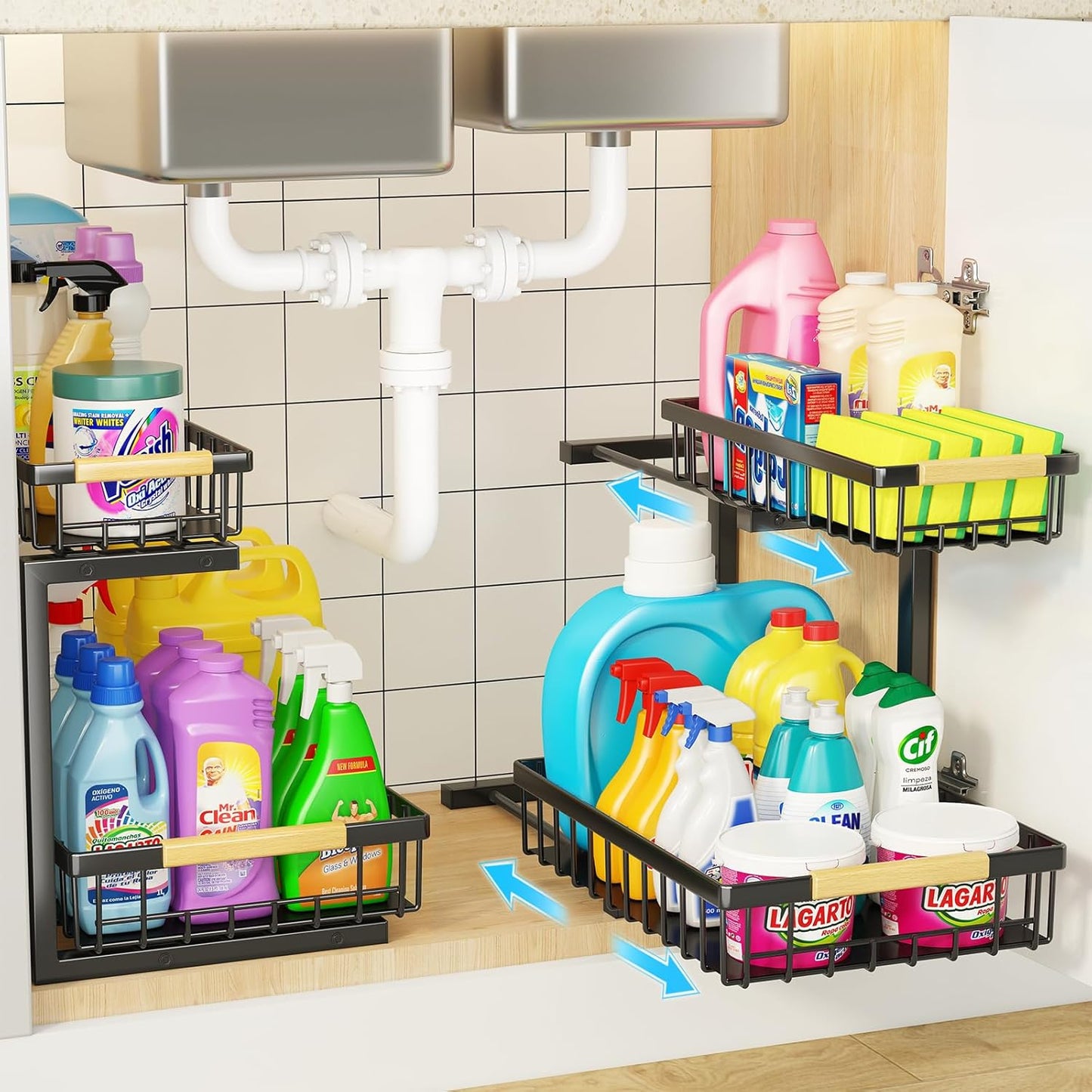2-tier-kitchen-under-sink-organiser-storage-with-height-adjustable-unique-slide-rail-suction-cups-for-storage www.mallsonline.com.au