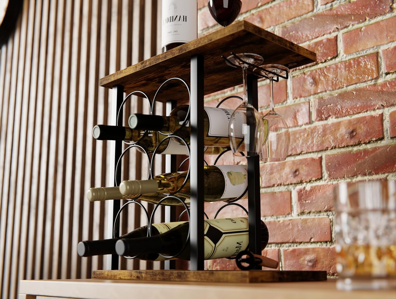 wine-rack-countertop-wooden-metal-holder-for-6-bottles-2-glasses www.mallsonline.com.au