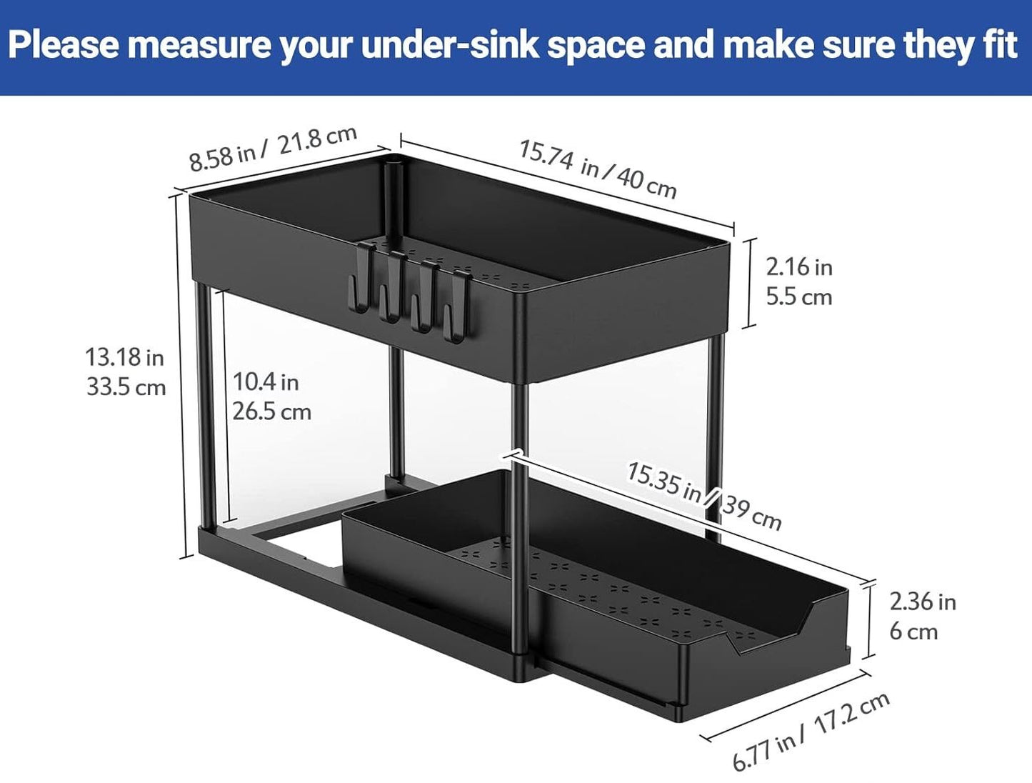 CARLA HOME 2 Pack Under Sink Organizer with Pull-Out Basket and Hooks for Bathroom & Kitchen
