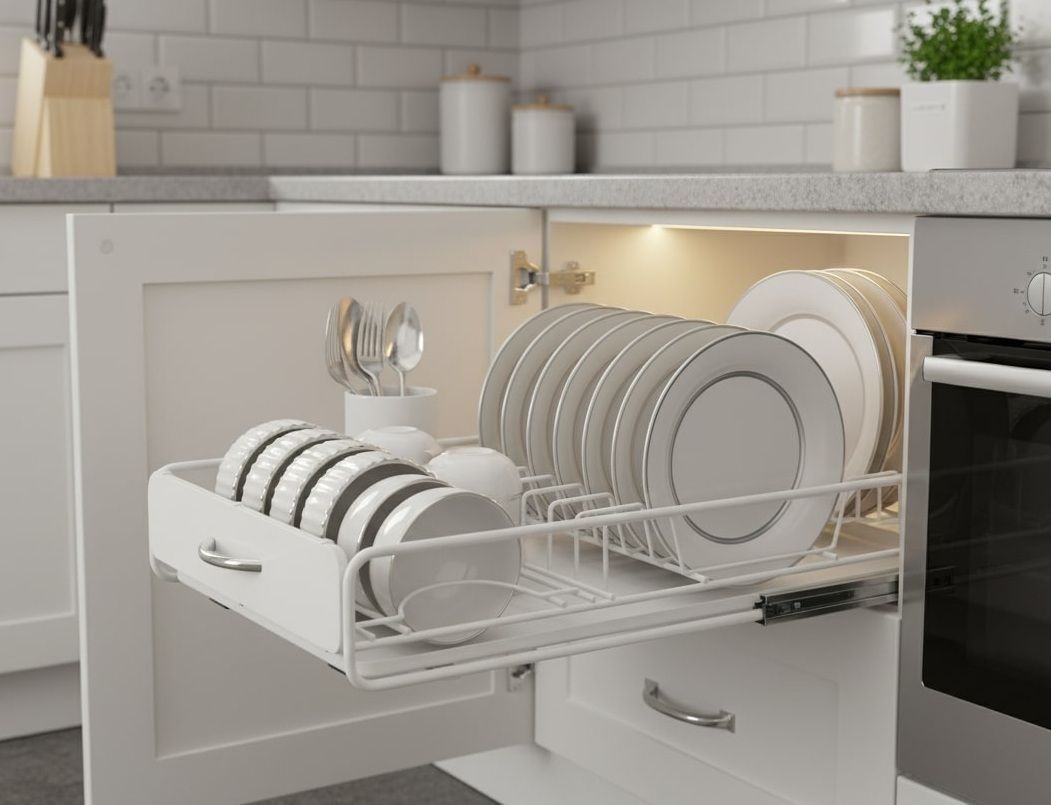 CARLA HOME Pull Out Dish Rack for Kitchen Cabinet with Slide Out Drawer Organizer for Plates, Bowls & Utensils