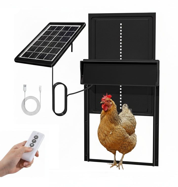 CARLA HOME Automatic Chicken Coop Door Solar Powered with 4 Mode Timer & Light Sensor, Anti-Pinch & USB Charging Port