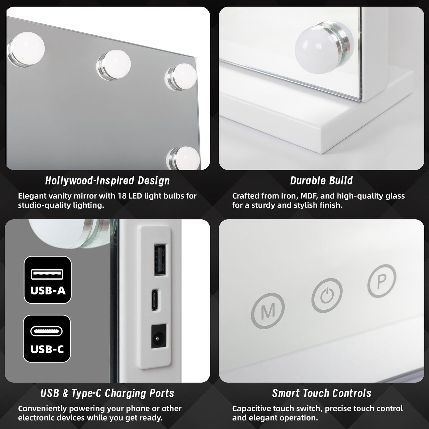beauty-mirror-with-18-led-bulbs-colour-settings-white-frame-and-usb-a-and-c-ports