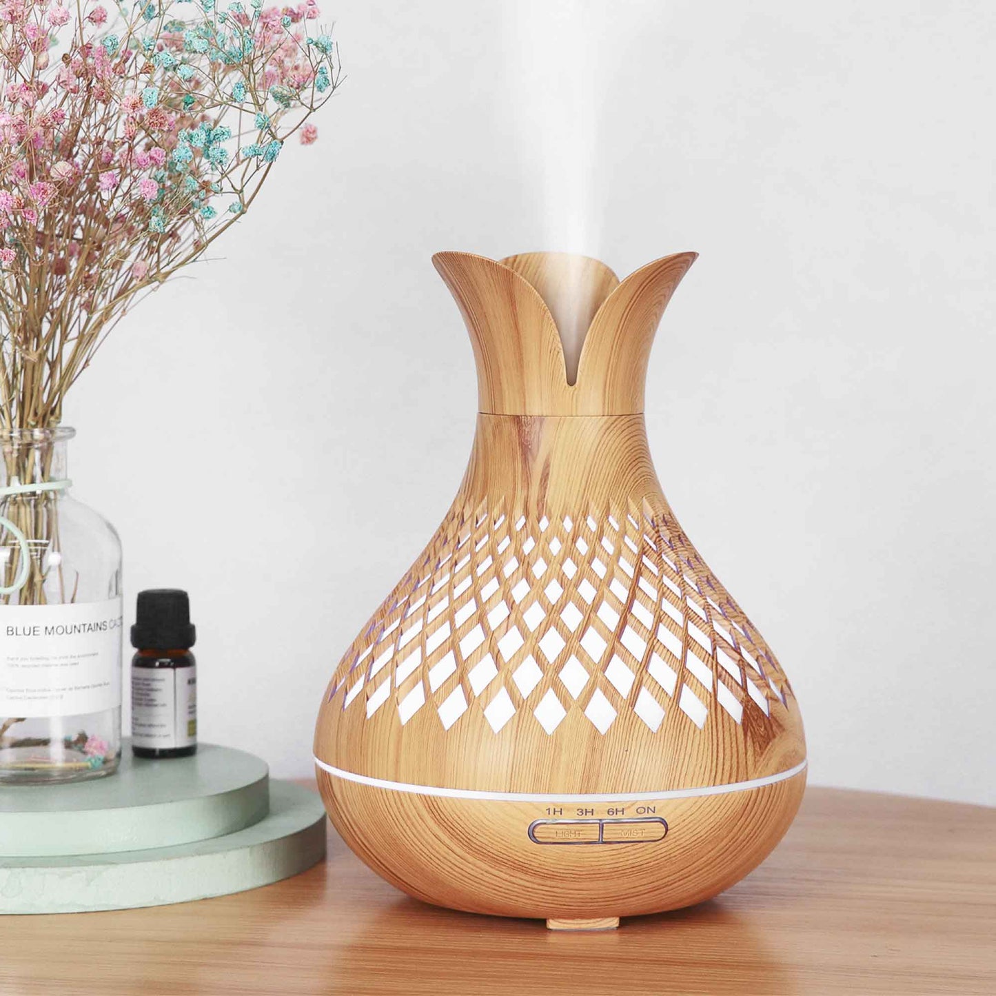 essential-oil-aroma-diffuser-and-remote-500ml-vase-flower-wood-mist-humidifier at www.mallsonline.com.au