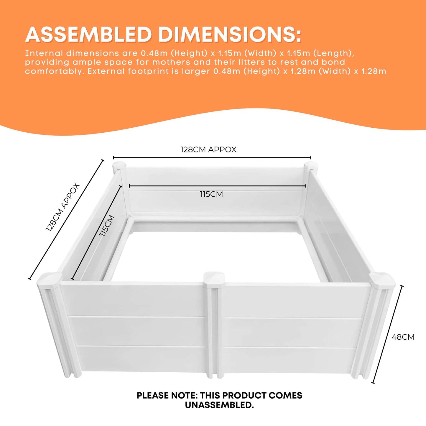 Rooster Farms PVC Dog Whelping Box 1.15m x 1.15m x 0.48m - Puppy Birthing Pen