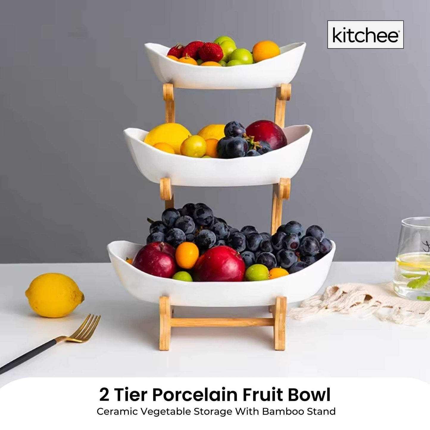 3 Tier Porcelain Fruit Bowl - Ceramic Vegetable Storage with Bamboo Stand