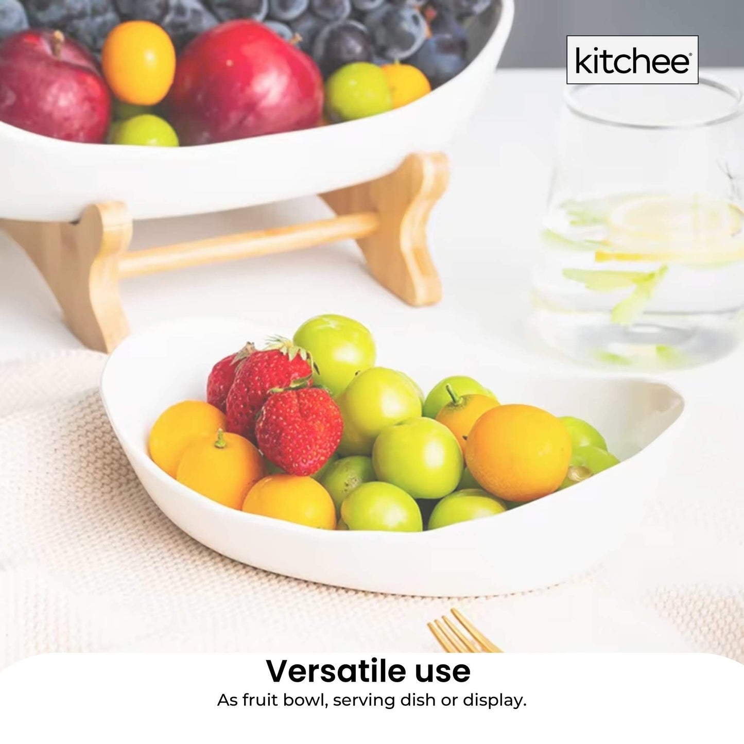 3 Tier Porcelain Fruit Bowl - Ceramic Vegetable Storage with Bamboo Stand