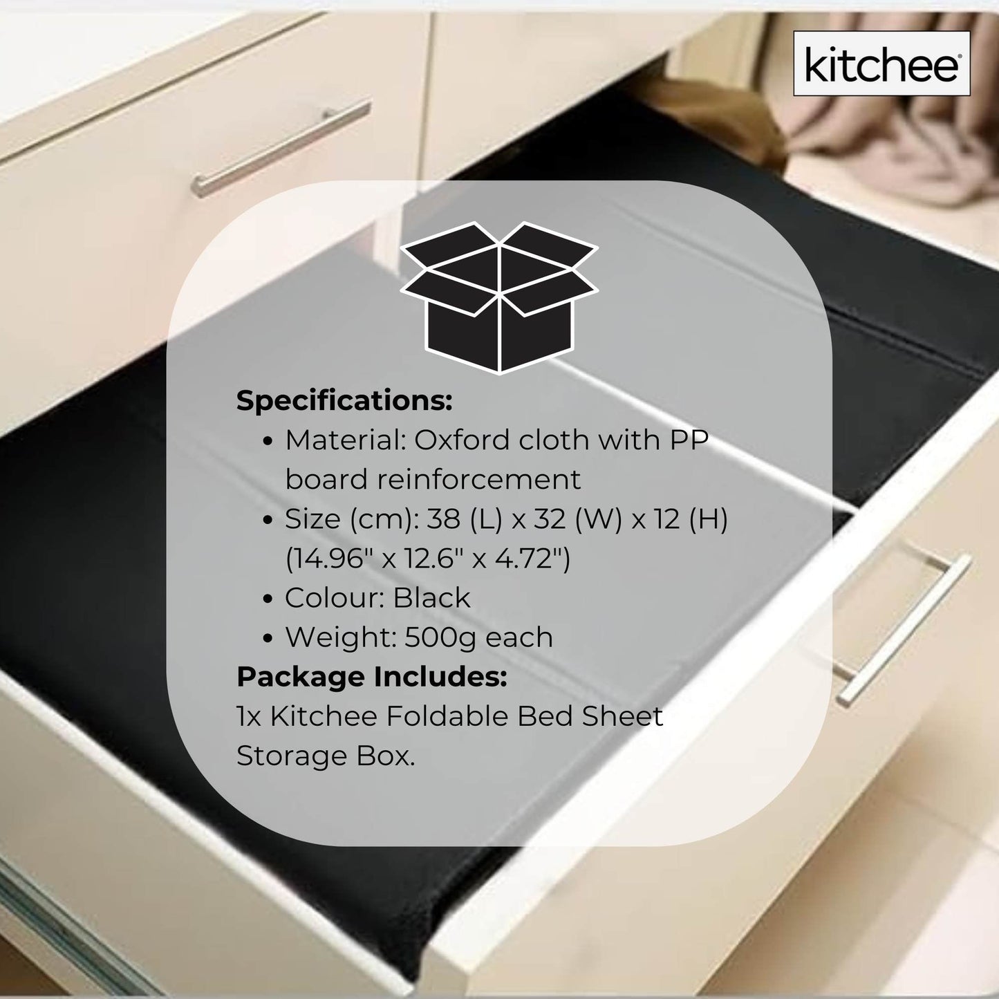1x Kitchee Foldable Bed Sheet Storage Box Linen & Closet Organiser Black