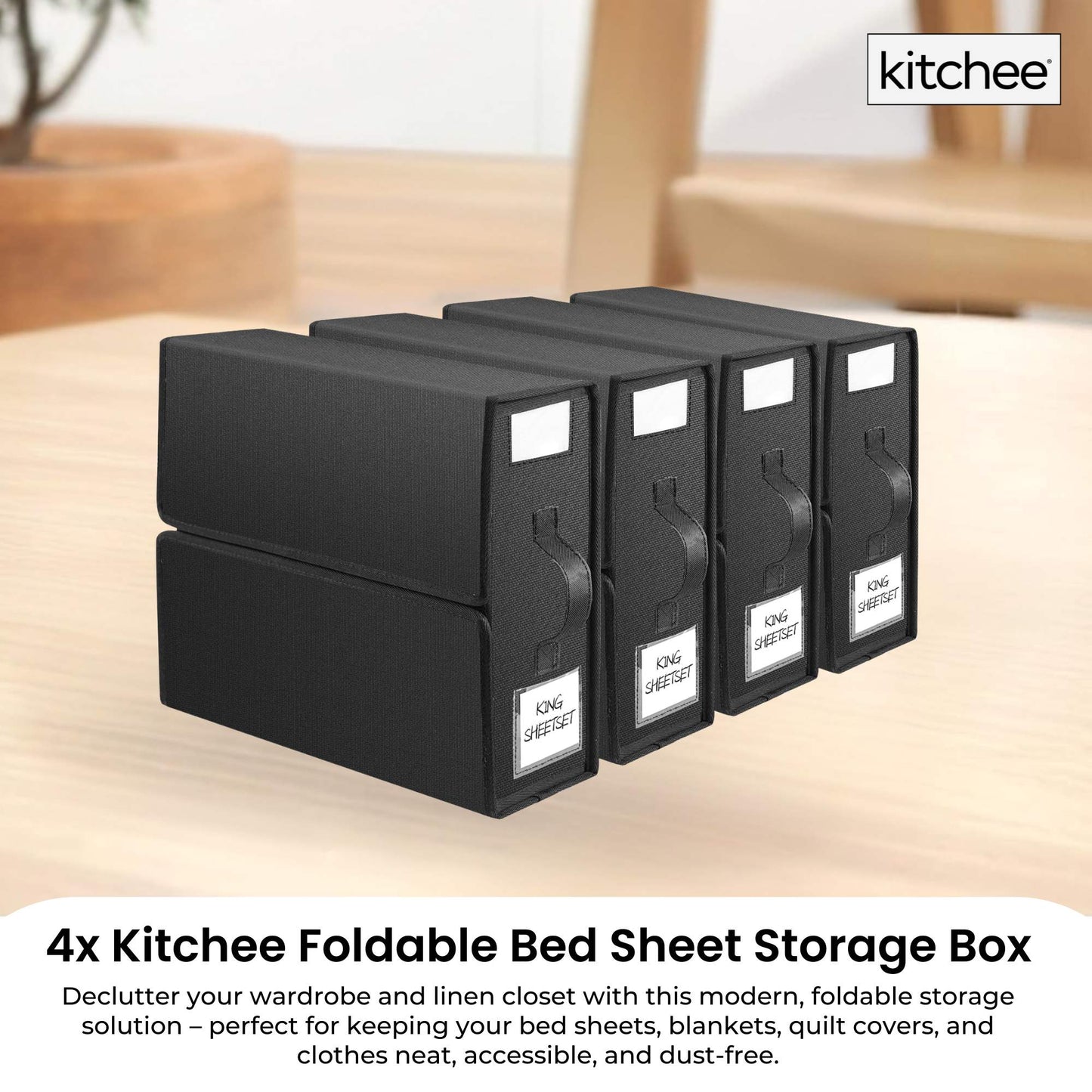 4x Kitchee Foldable Bed Sheet Storage Box Linen & Closet Organiser Black
