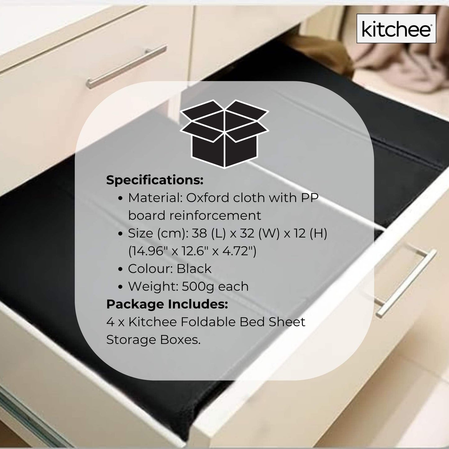 4x Kitchee Foldable Bed Sheet Storage Box Linen & Closet Organiser Black
