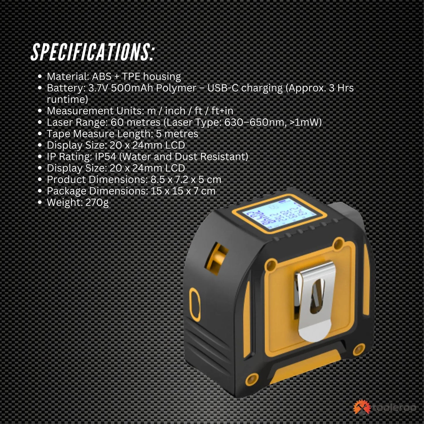 Tooleroo 60m Digital Laser Tape Measure + 5m Steel Tape 3-in-1 Cross Marking