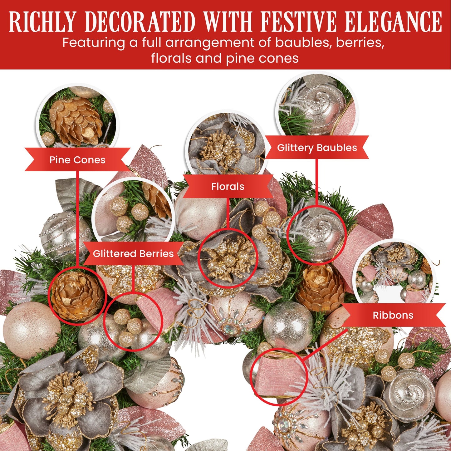 Christabelle 71cm Christmas Wreath Lush Green Holiday Door Wreath w/Jewelled Baubles, Foliage, Flowers, Ribbon & Berries