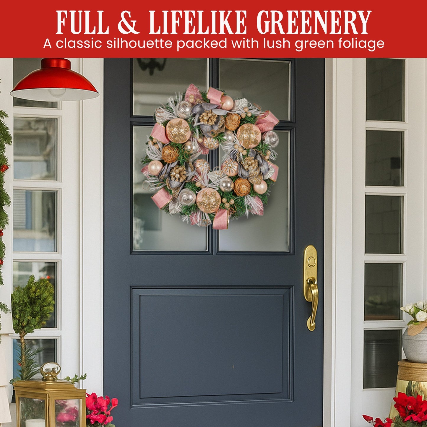Christabelle 56cm Christmas Wreath Lush Green Holiday Door Wreath w/Jewelled Baubles, Foliage, Flowers, Pine Cones, Ribb