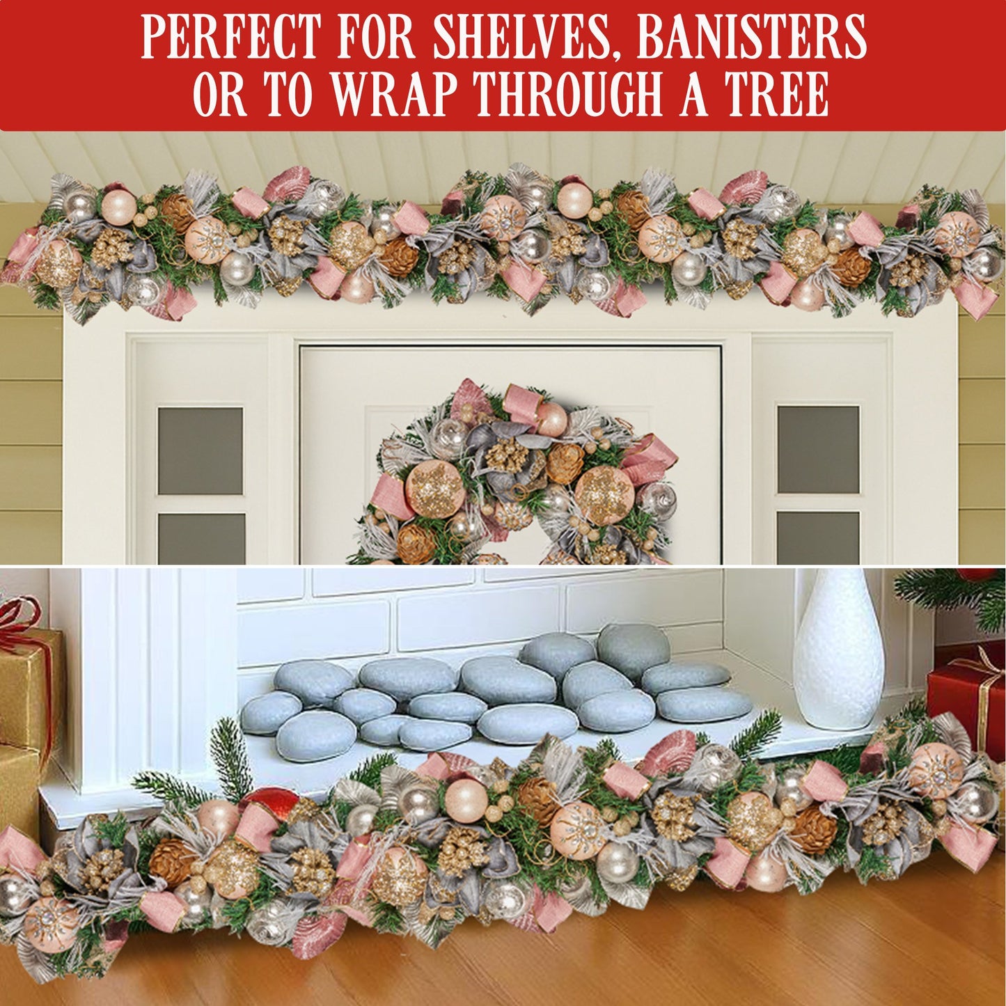 Christabelle 185cm Christmas Garland Lush Green Holiday Door Garland w/Jewelled Baubles, Flowers, Ribbon & Berries