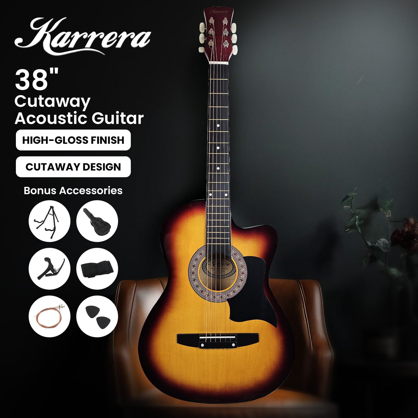 karrera-38in-pro-cutaway-acoustic-guitar-with-bag-strings-sun-burst at www.mallsonline.com.au