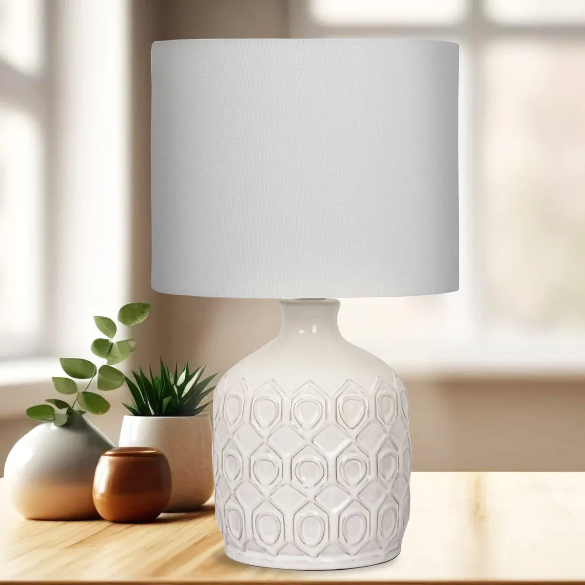 Sarantino Cream Ceramic Table Lamp with White Fabric Shade, Antique Herringbone Patterned Bedside Light