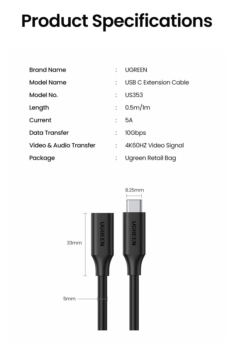 ugreen-10387-usb-c-extension-cable-1m www.mallsonline.com.au