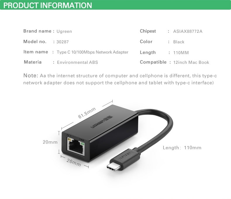 ugreen-30287-usb-c-10-100mbps-ethernet-adapter www.mallsonline.com.au