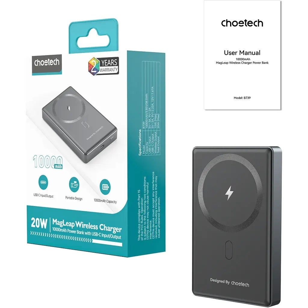choetech-b739-bk-20w-slim-usb-c-10000mah-magnetic-power-bank-black www.mallsonline.com.au