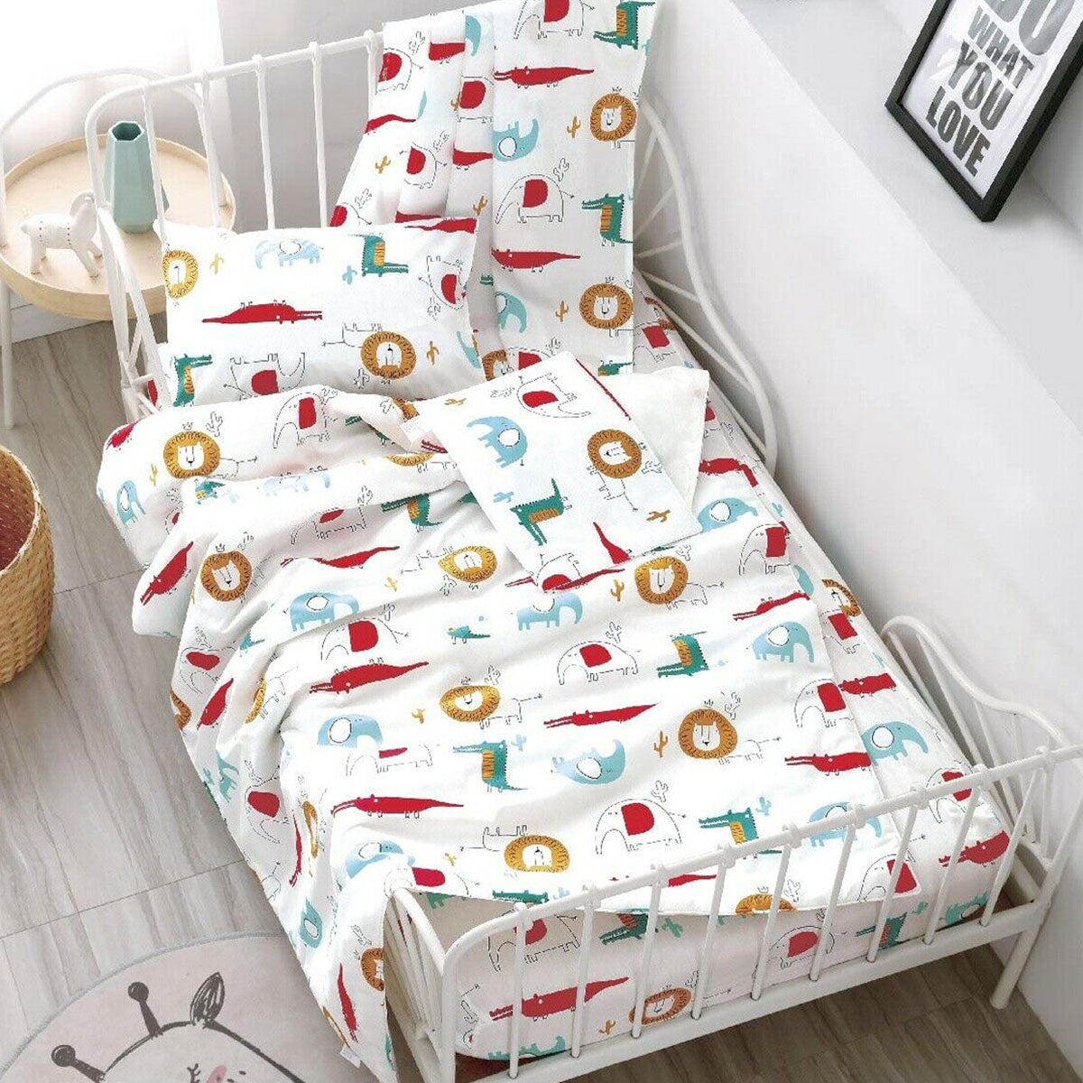 wild-life-lion-elephant-crocodile-baby-100-cotton-printed-sheet-set-cot-size www.mallsonline.com.au