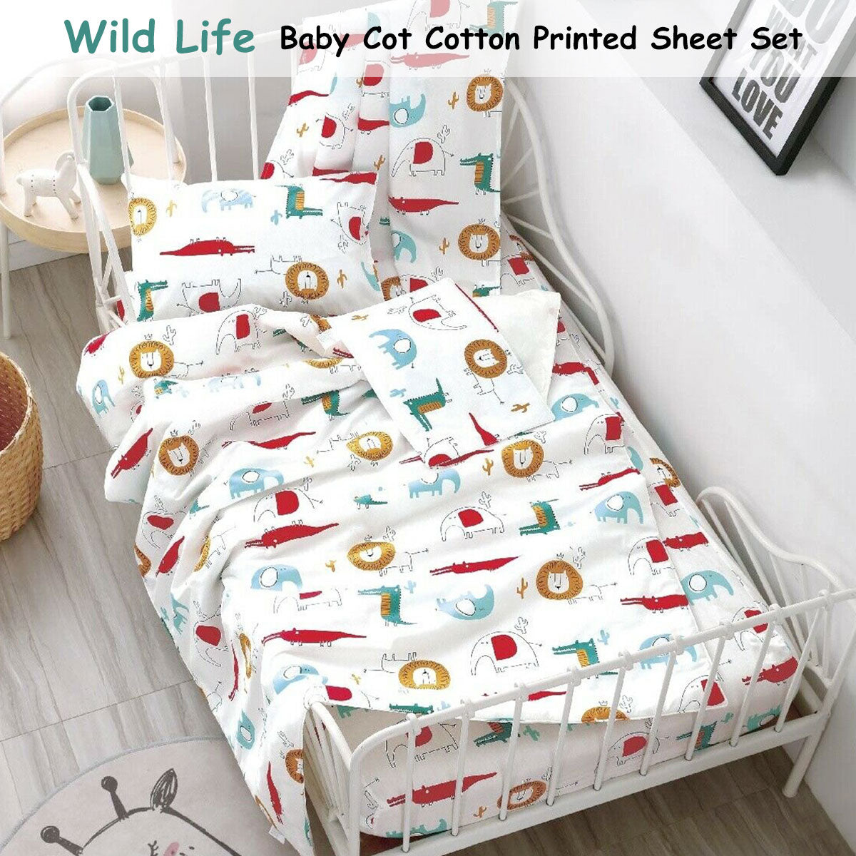 wild-life-lion-elephant-crocodile-baby-100-cotton-printed-sheet-set-cot-size www.mallsonline.com.au