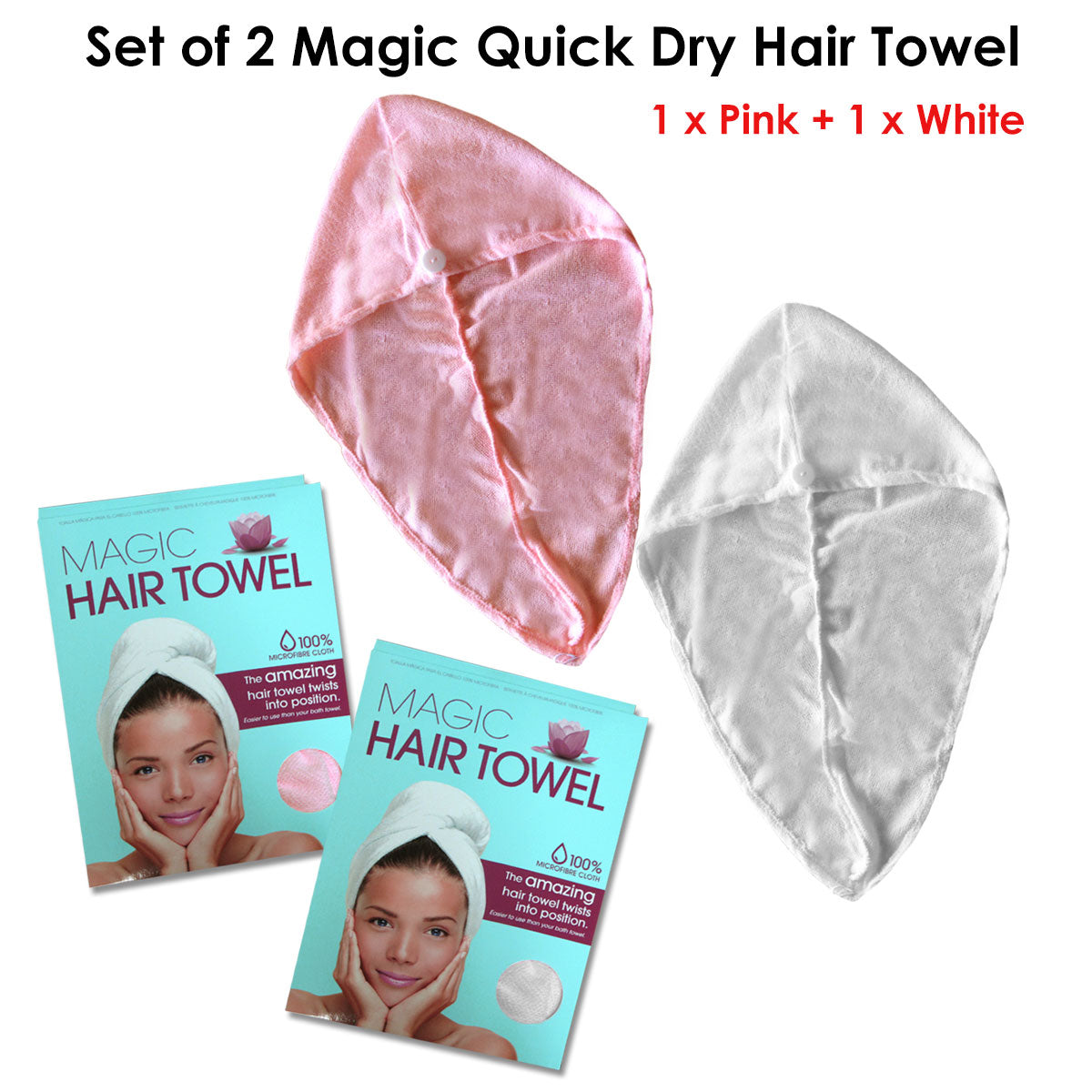 set-of-2-magic-quick-dry-microfibre-hair-dryer-towels-pink-white www.mallsonline.com.au