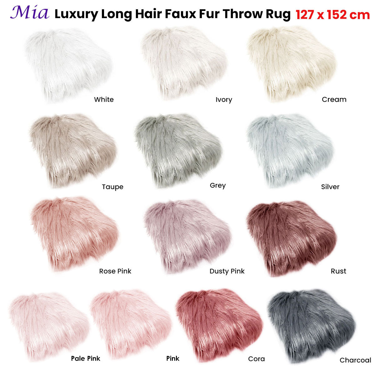 Mia Luxury Long Hair Faux Fur Throw Rug 127 x 152 cm Ivory