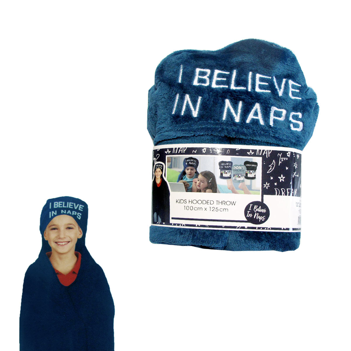 kids-embroidered-hooded-throw-rug-100-x-125cm-blue-i-believe-in-naps www.mallsonline.com.au