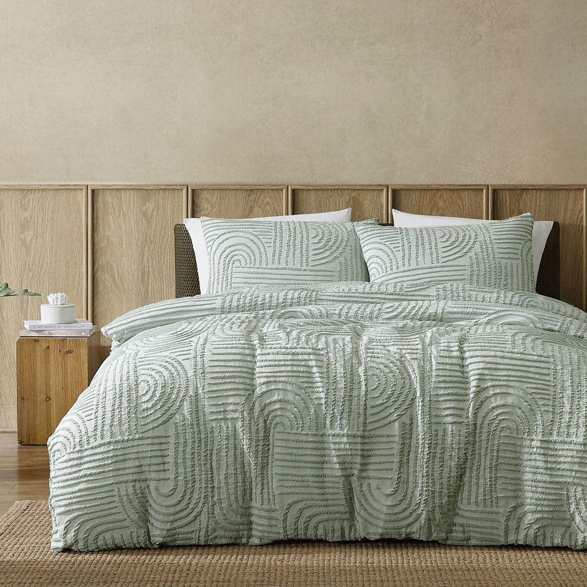 ardor-kiewa-dusty-sage-textured-jacquard-aztec-quilt-cover-set-queen www.mallsonline.com.au