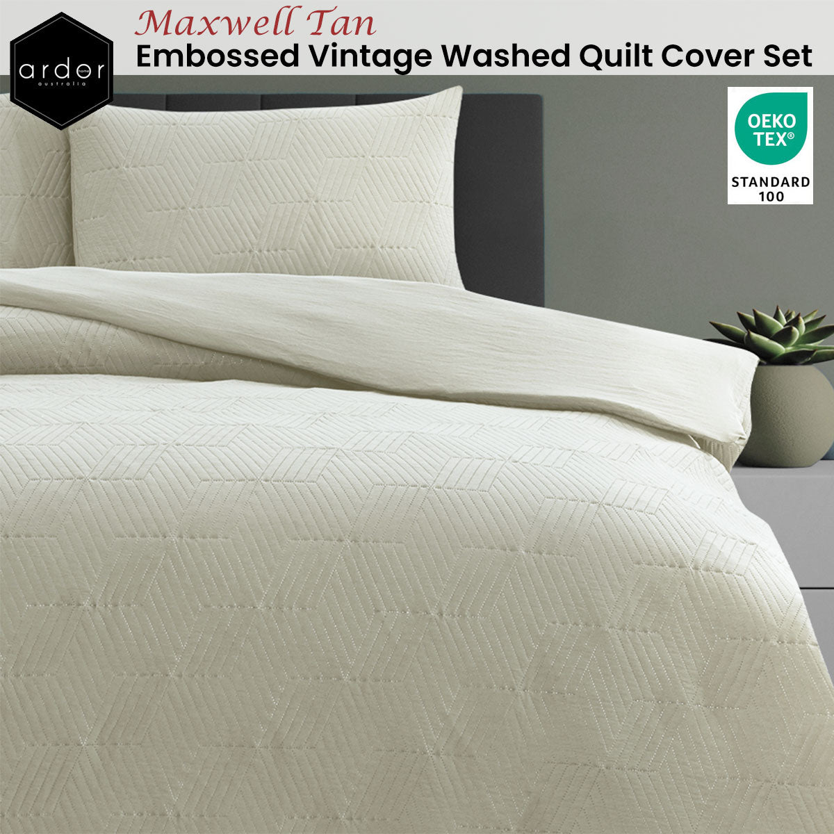 ardor-maxwell-tan-embossed-vintage-washed-quilt-cover-set-king www.mallsonline.com.au