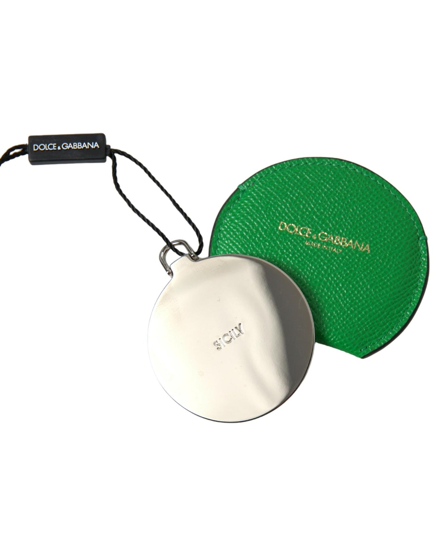 dolce-gabbana-womens-green-calfskin-leather-round-logo-hand-mirror-holder-one-size