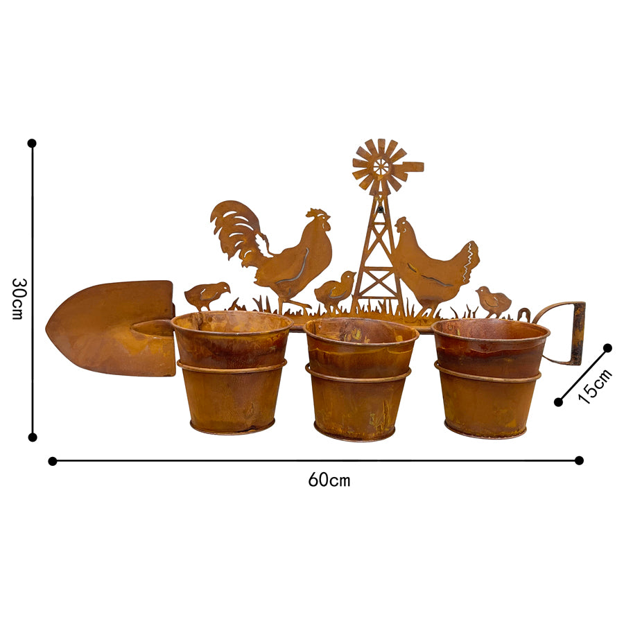 Three Pot Wall Planter On Shovel W Chooks 60x30cm