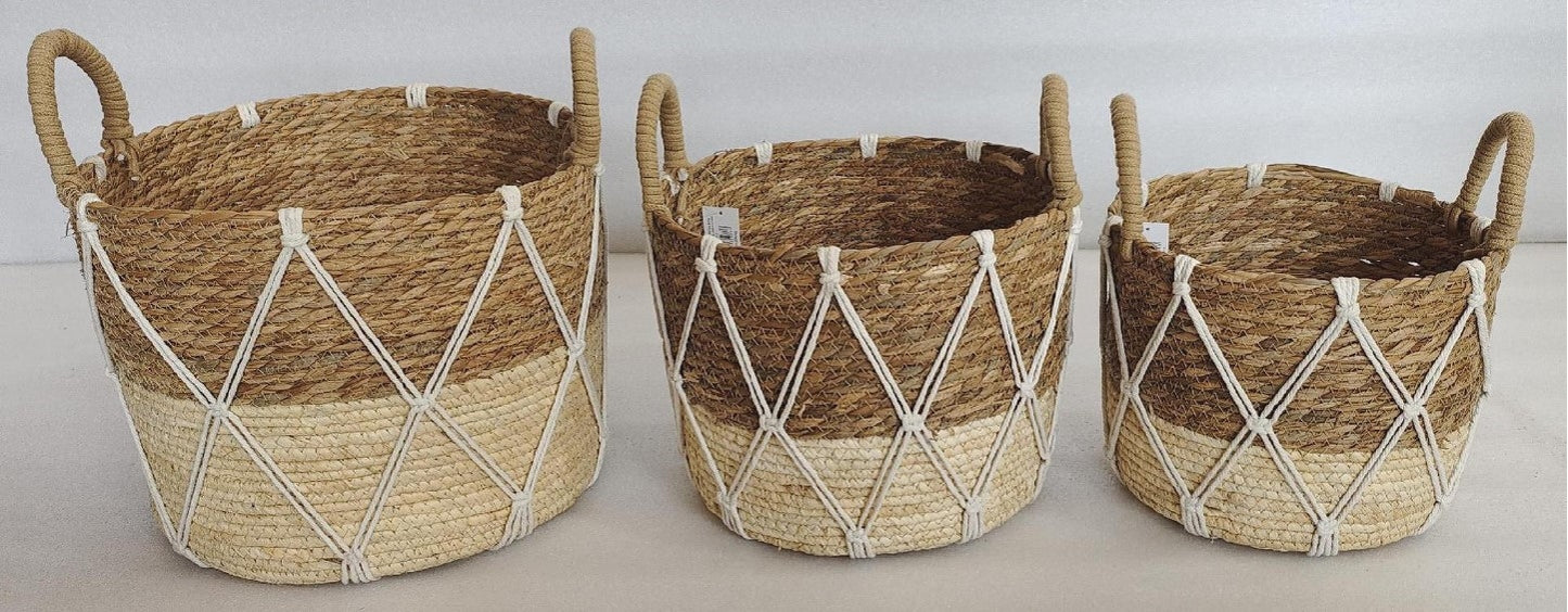 Set 3 Round Rattan W Macrame Basket 33x25cm