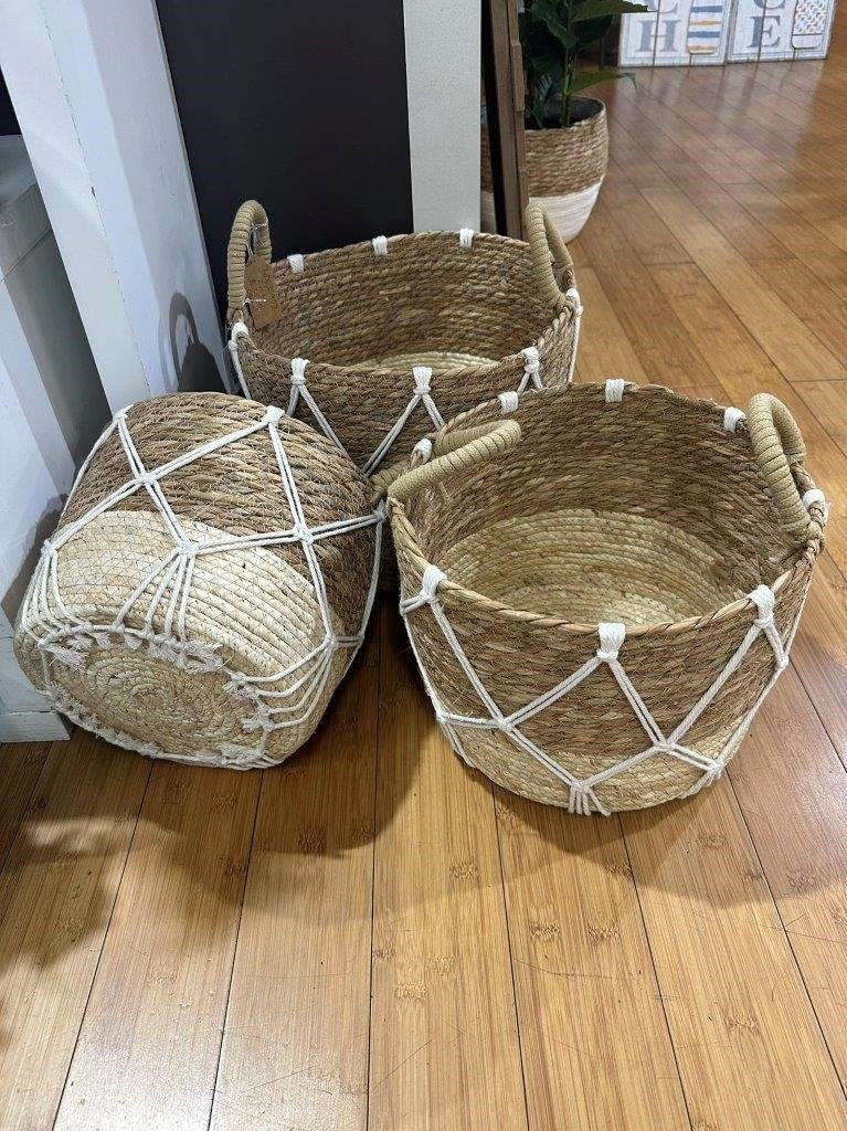 Set 3 Round Rattan W Macrame Basket 33x25cm
