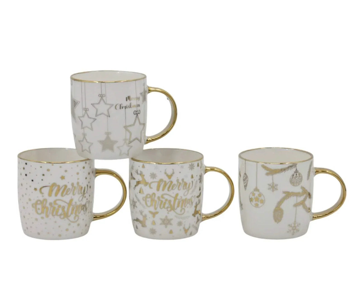 Bulk 24 Gold Foiled Xmas Mug 370ml 4 Asst