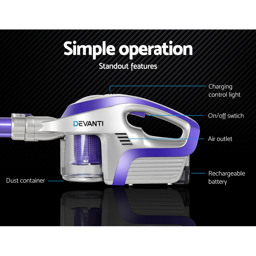 devanti-cordless-stick-vacuum-cleaner-purple-grey at www.mallsonline.com.au