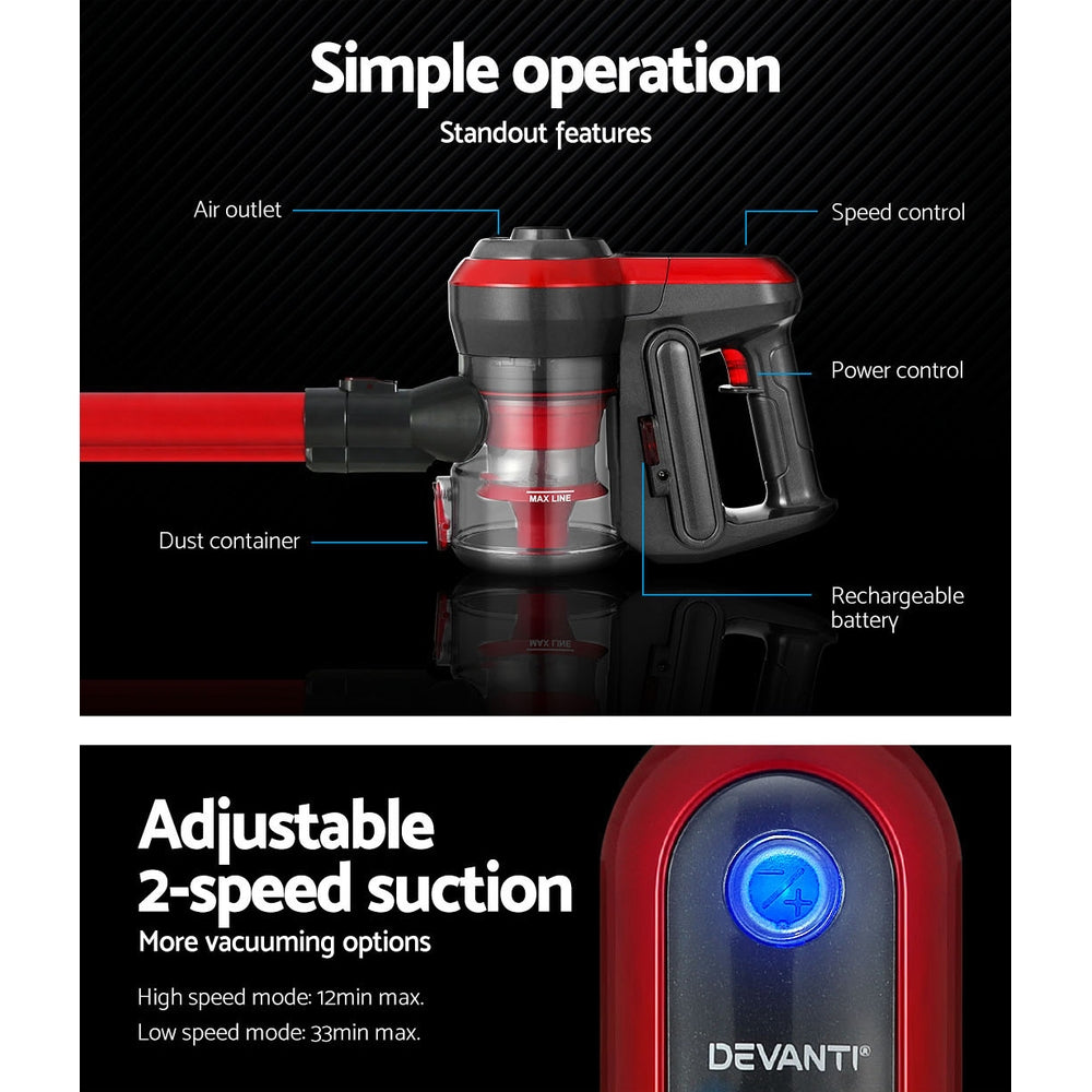 devanti-stick-vacuum-cleaner-brushless-cordless-250w-red at www.mallsonline.com.au