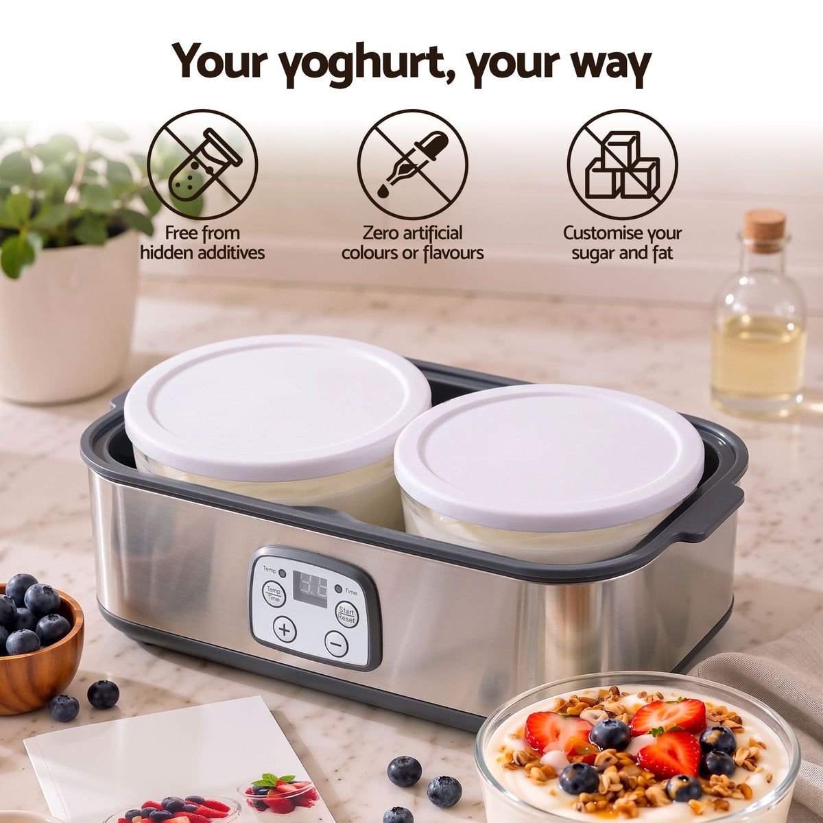 Devanti Greek Yoghurt Maker Machine 2x960ml Large Tubs Temp Control Grey