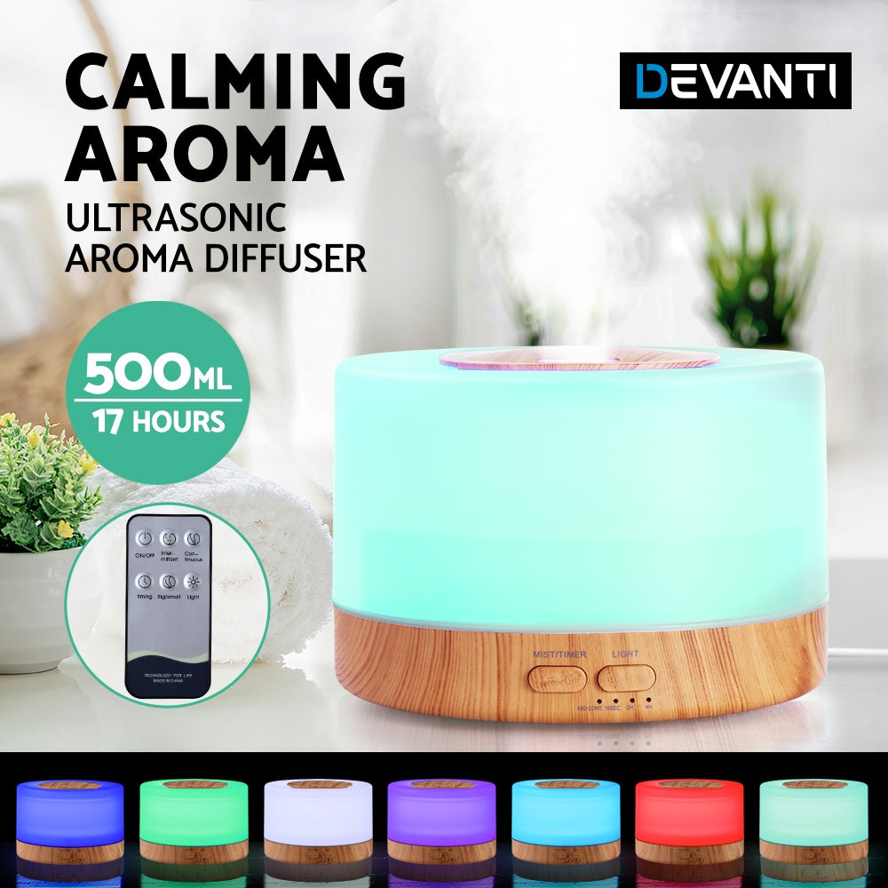 devanti-aroma-diffuser-aromatherapy-led-night-light-air-humidifier-purifier-round-light-wood-grain-500ml-remote-control at www.mallsonline.com.au
