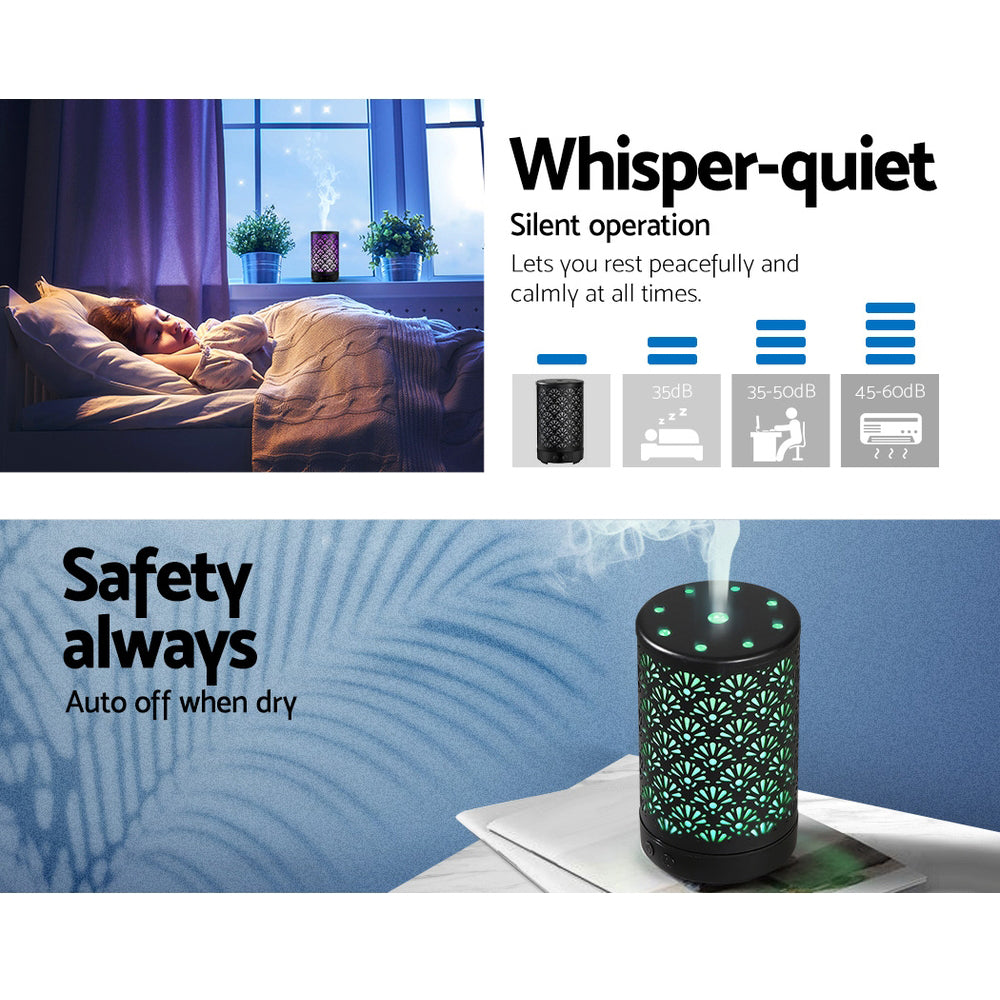 devanti-aroma-diffuser-aromatherapy-essential-oils-metal-cover-ultrasonic-cool-mist-100ml-remote-control-black at www.mallsonline.com.au