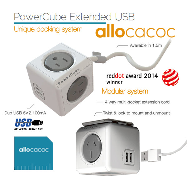 allocacoc-powercube-extended-usb-powerboard-4-outlets-2-usb-ports-grey-white-1-5m at www.mallsonline.com.au