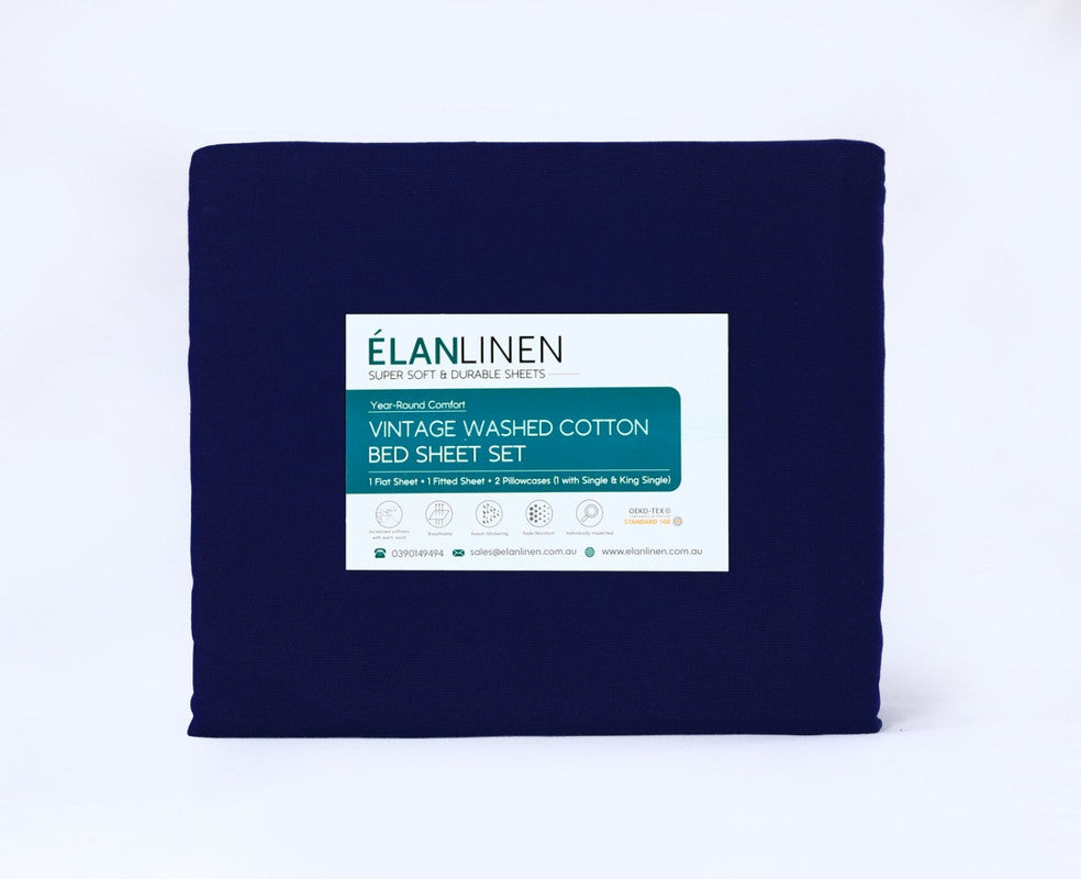 elan-linen-100-egyptian-cotton-vintage-washed-500tc-navy-blue-king-single-bed-sheets-set at www.mallsonline.com.au