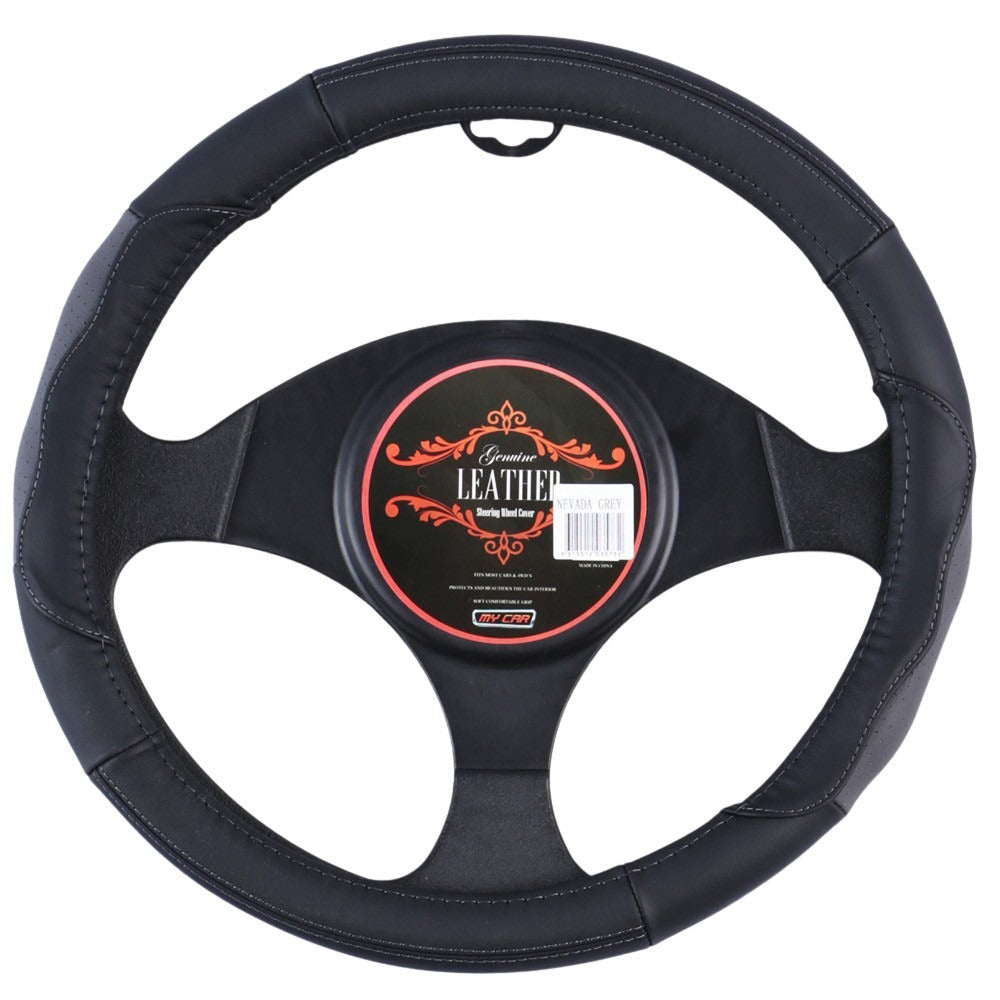 nevada-steering-wheel-cover-black-grey-leather at www.mallsonline.com.au