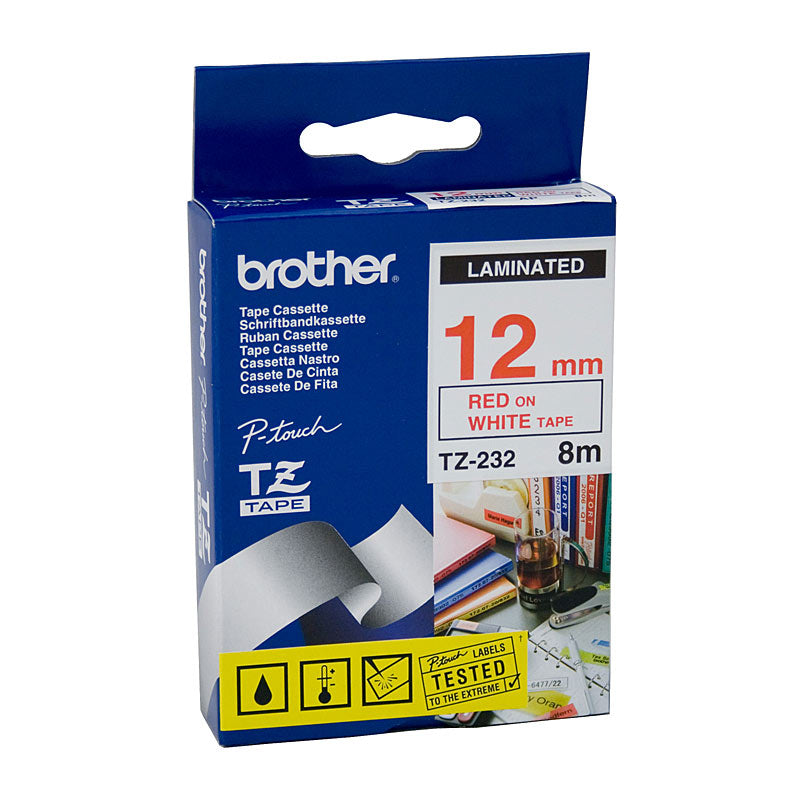 brother-tze232-labelling-tape-12mm-red-on-white-tze-tape www.mallsonline.com.au