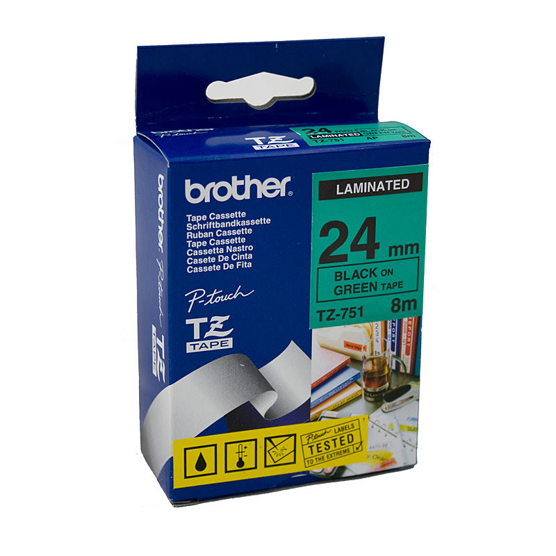 brother-tze751-labelling-tape-24mm-black-on-green-tze-tape www.mallsonline.com.au
